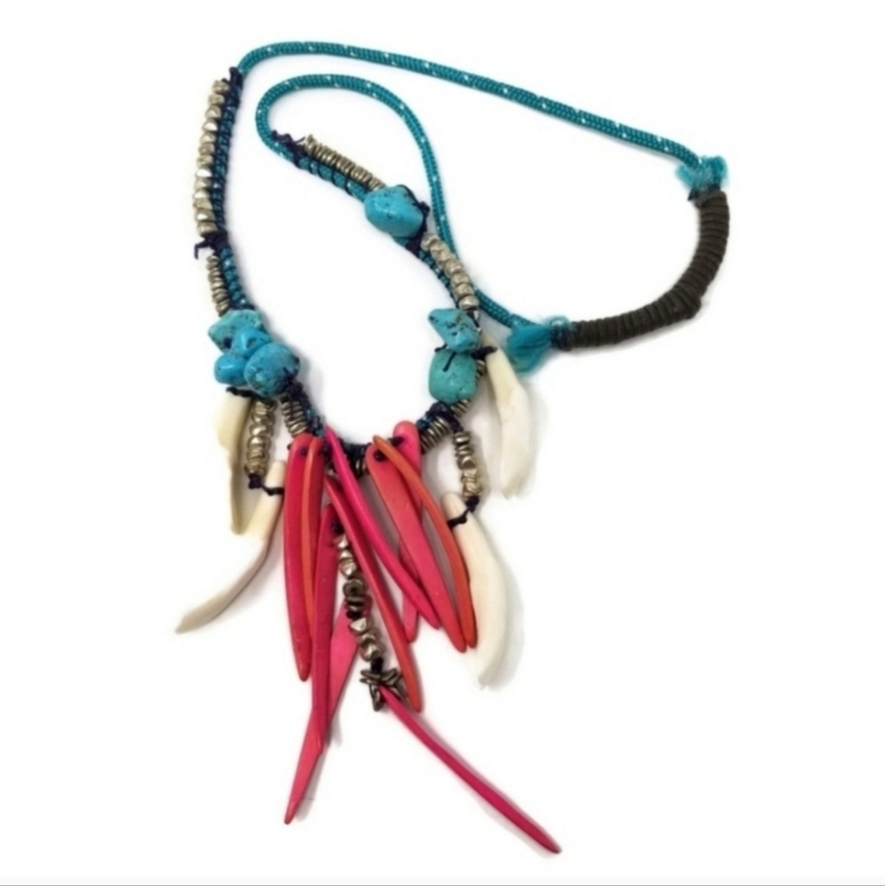 OOAK Turquoise Bone Wood Neon Pink Artisan Statement Necklace Handmade